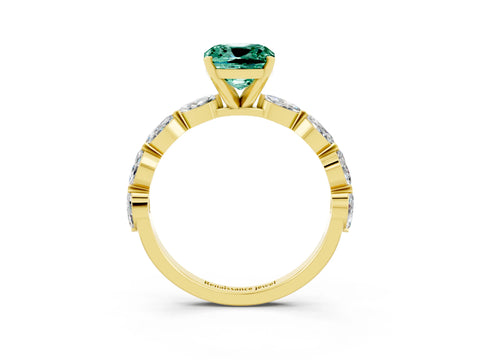 Yellow gold Cushion Cut Green Sapphire Ring with Marquise Side Stones and Prong Setting_3