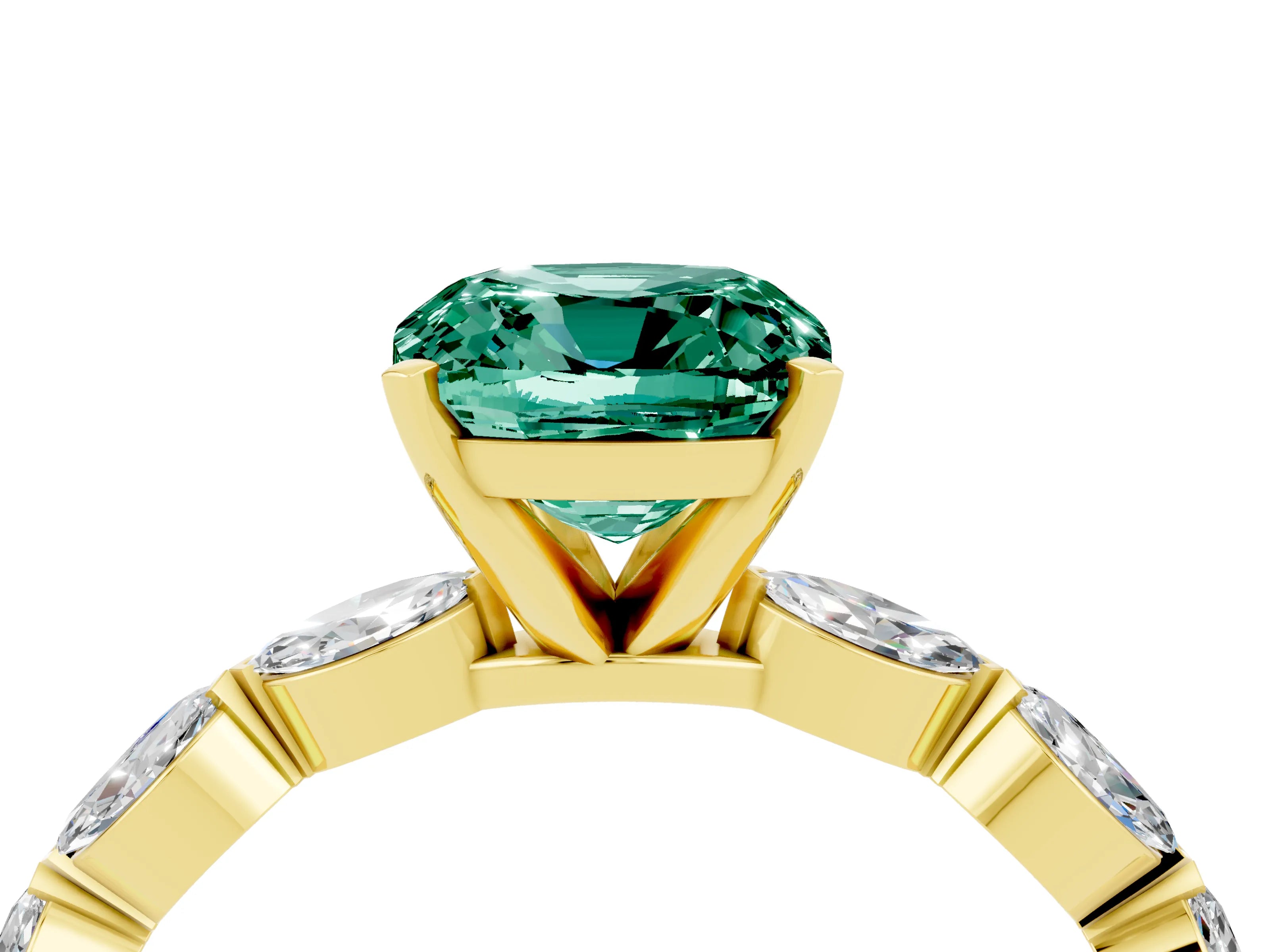 Yellow gold Cushion Cut Green Sapphire Ring with Marquise Side Stones and Prong Setting_4