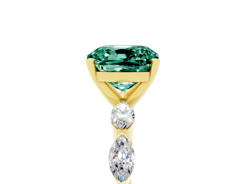 Yellow gold Cushion Cut Green Sapphire Ring with Marquise Side Stones and Prong Setting_5