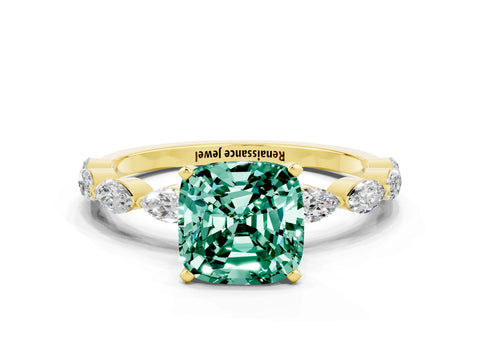 Yellow gold Cushion Cut Green Sapphire Ring with Marquise Side Stones and Prong Setting