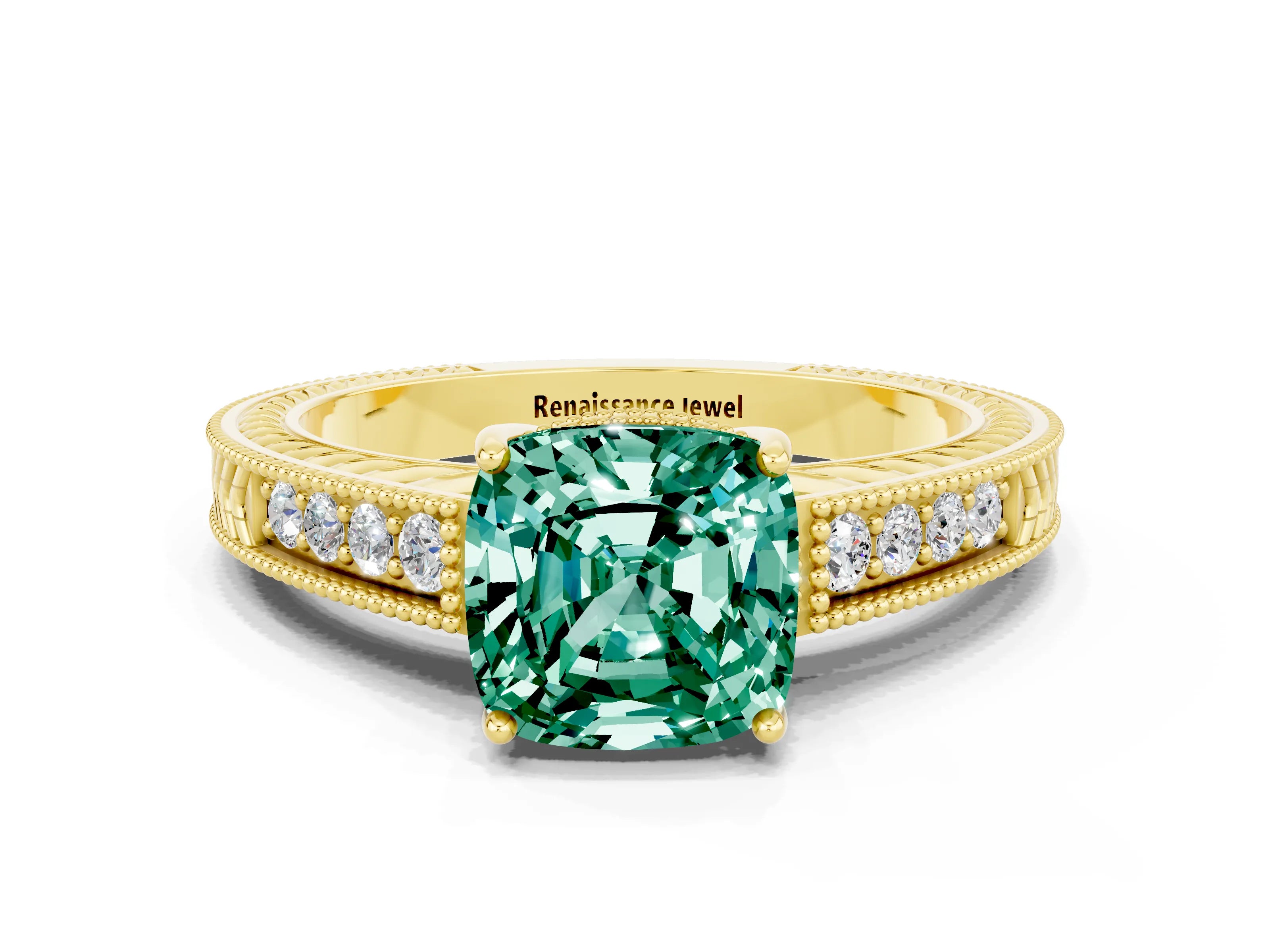 Yellow gold Cushion Cut Green Sapphire Ring with Milgrain Pavé Band and Four-Prong Setting_12