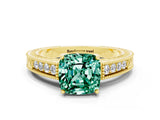 Yellow gold Cushion Cut Green Sapphire Ring with Milgrain Pavé Band and Four-Prong Setting_12