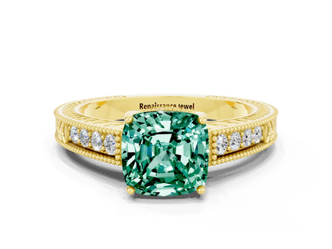 Yellow gold Cushion Cut Green Sapphire Ring with Milgrain Pavé Band and Four-Prong Setting_12