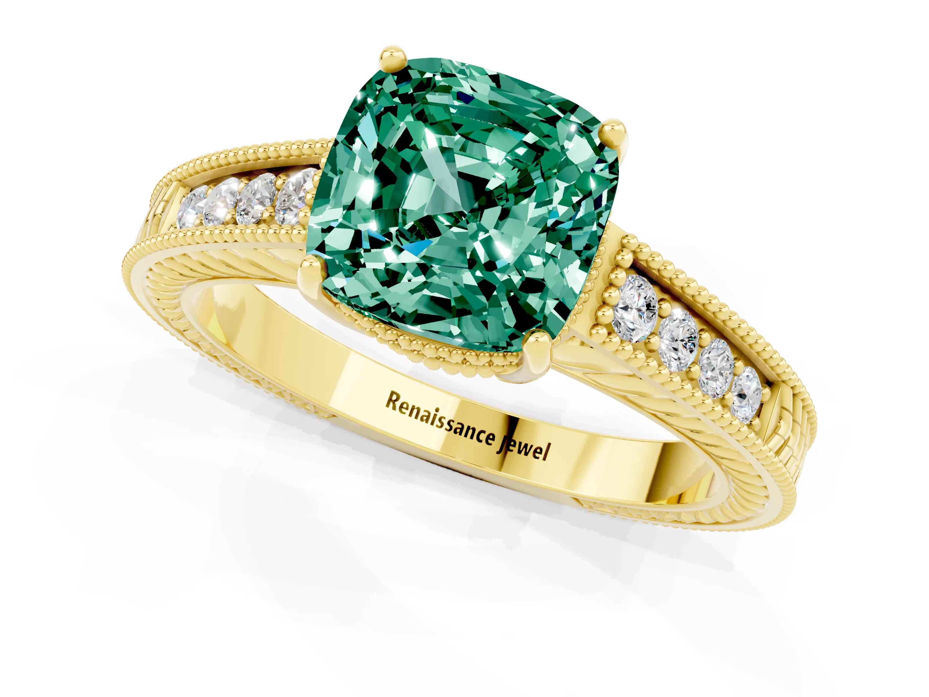 Yellow gold Cushion Cut Green Sapphire Ring with Milgrain Pavé Band and Four-Prong Setting_13
