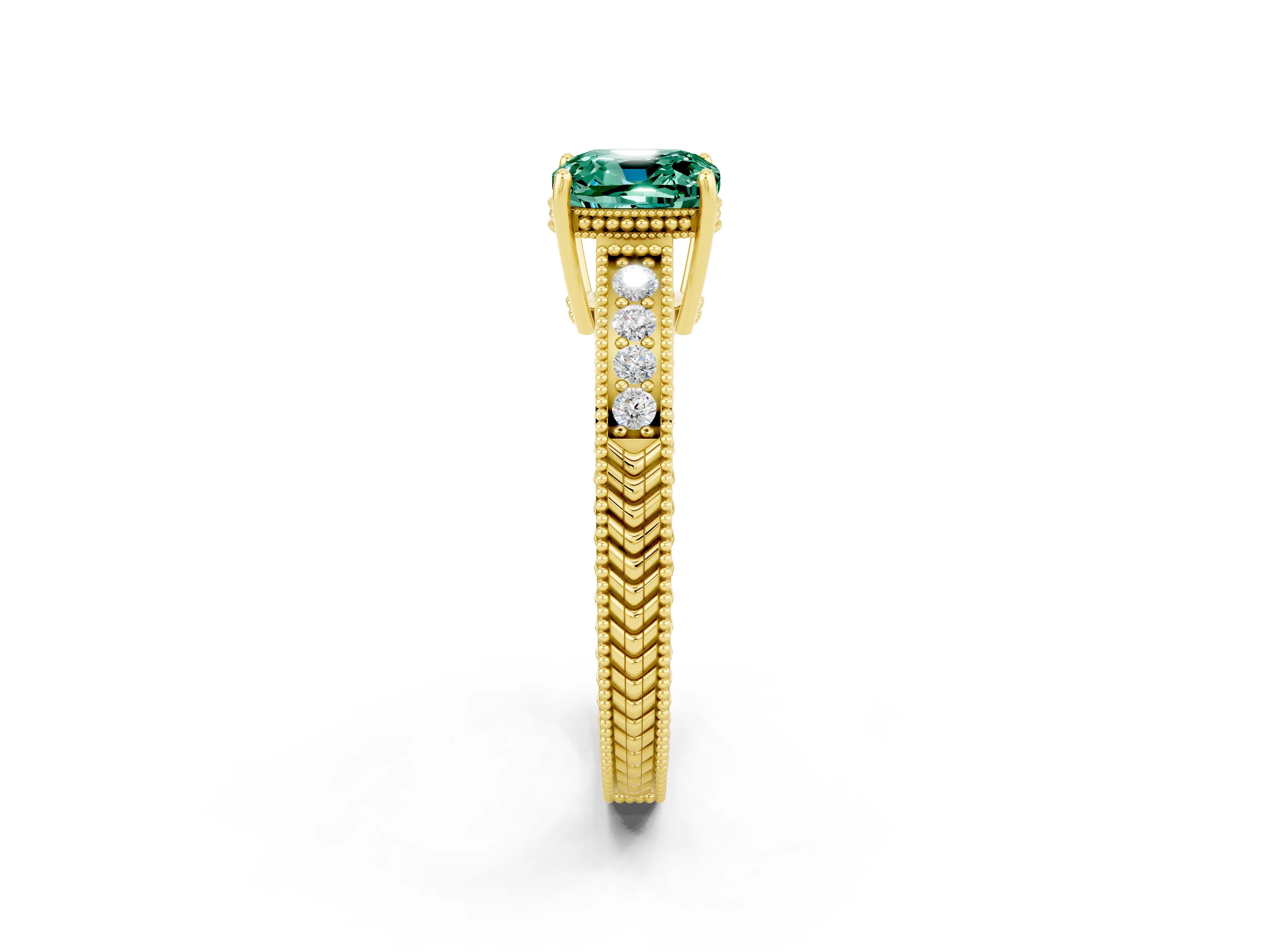 Yellow gold Cushion Cut Green Sapphire Ring with Milgrain Pavé Band and Four-Prong Setting_14