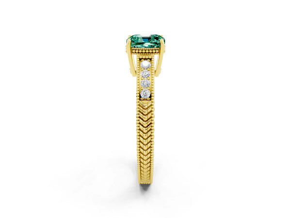 Yellow gold Cushion Cut Green Sapphire Ring with Milgrain Pavé Band and Four-Prong Setting