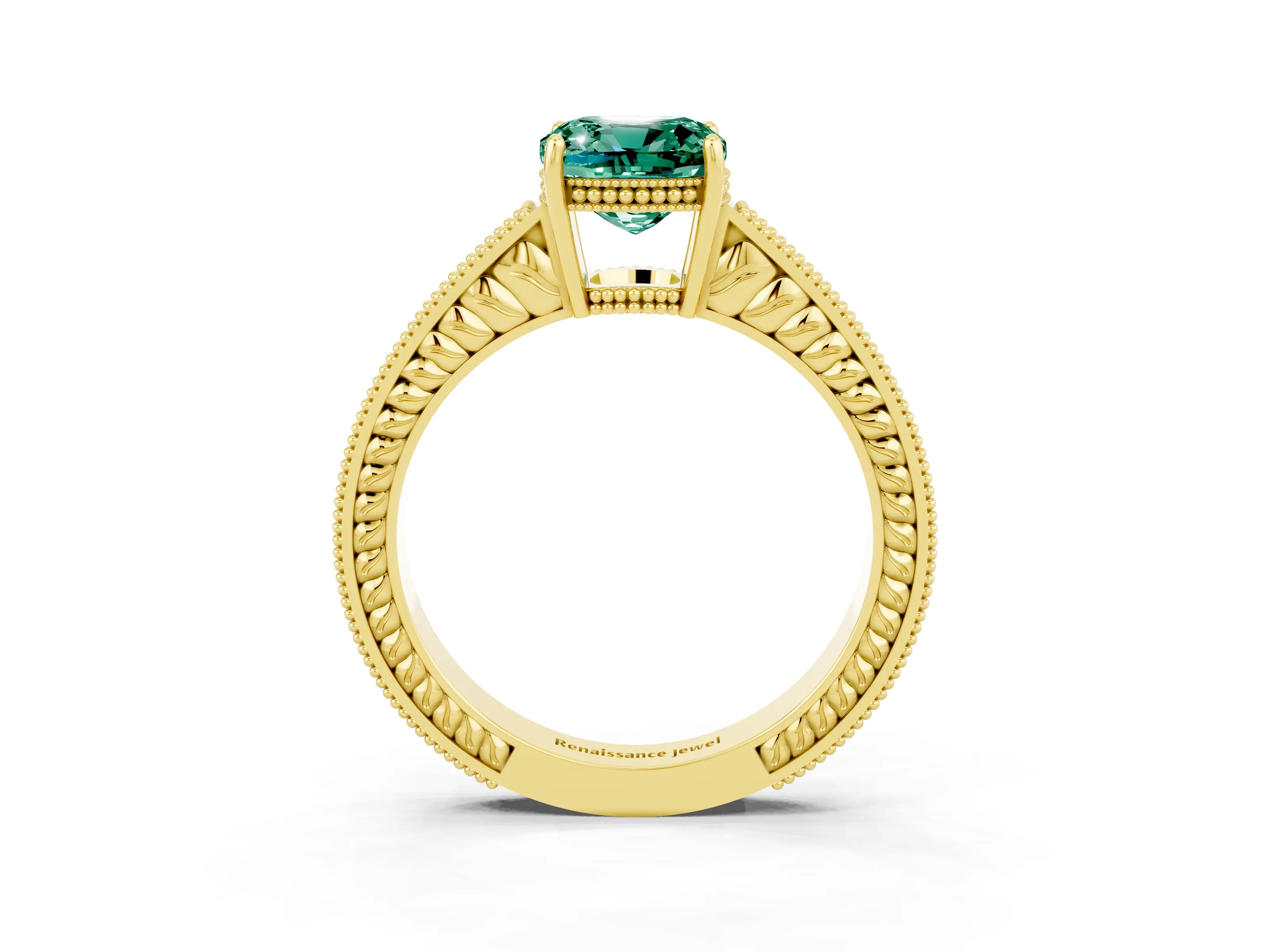 Yellow gold Cushion Cut Green Sapphire Ring with Milgrain Pavé Band and Four-Prong Setting_15