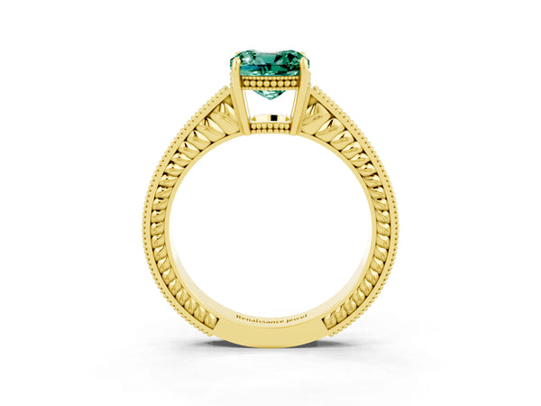 Yellow gold Cushion Cut Green Sapphire Ring with Milgrain Pavé Band and Four-Prong Setting