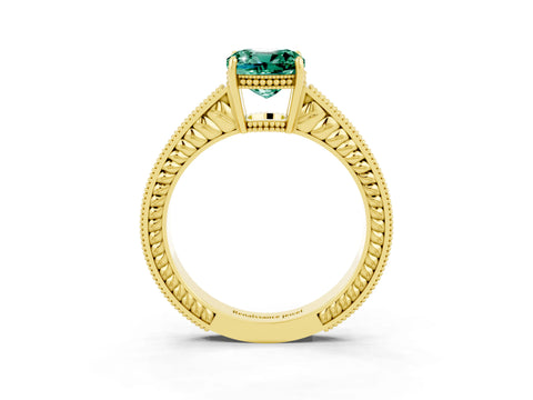 Yellow gold Cushion Cut Green Sapphire Ring with Milgrain Pavé Band and Four-Prong Setting_15