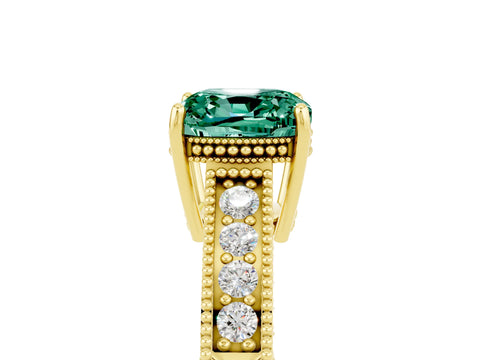 Yellow gold Cushion Cut Green Sapphire Ring with Milgrain Pavé Band and Four-Prong Setting_17