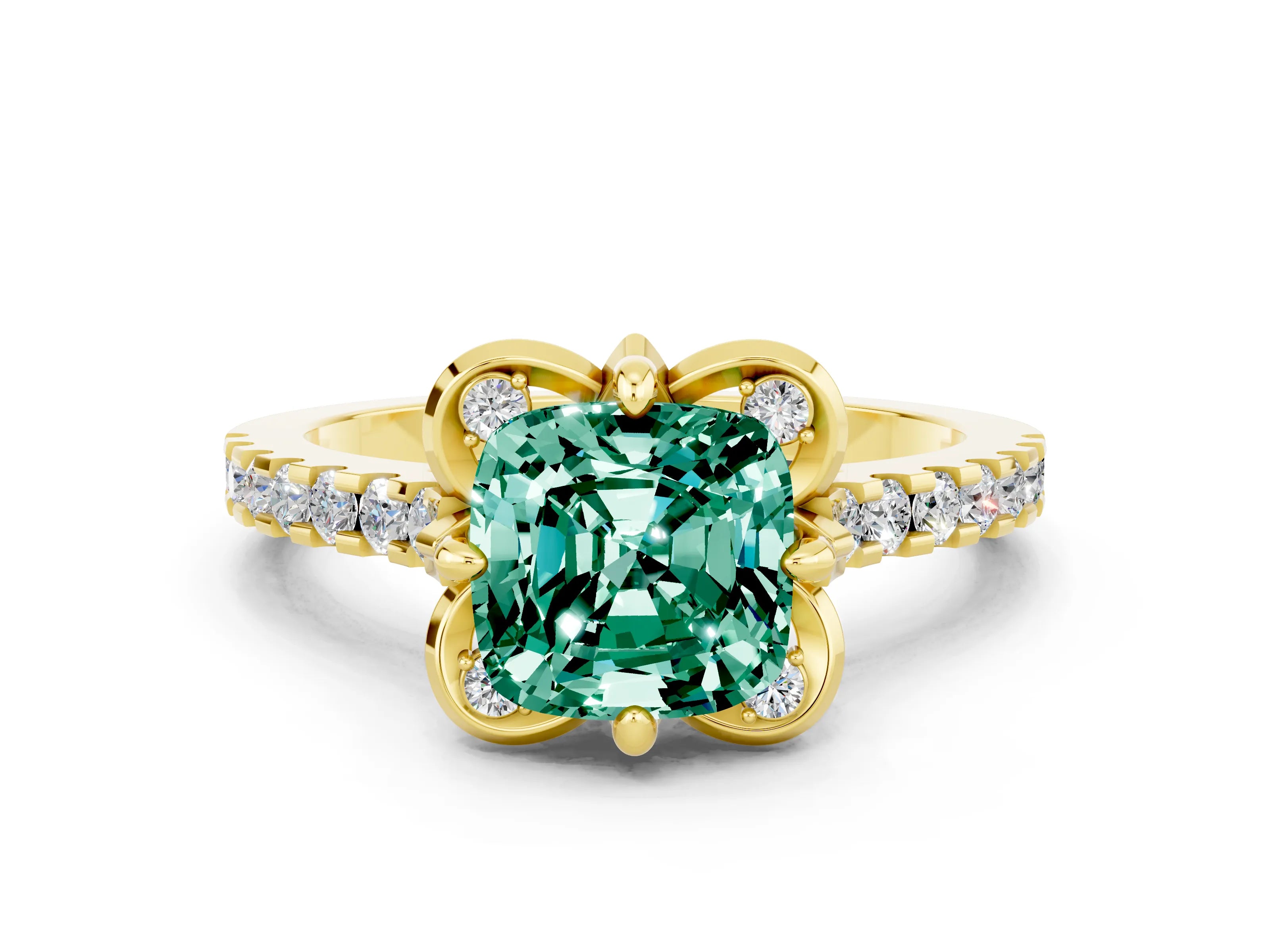 Yellow gold Cushion Cut Green Sapphire Ring with Pavé Band and Floral Prong Setting