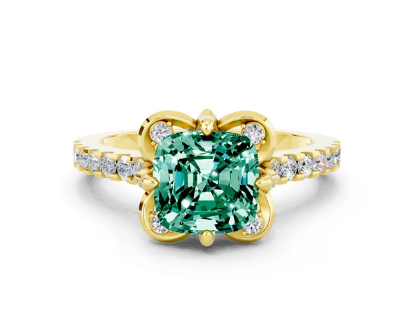 Yellow gold Cushion Cut Green Sapphire Ring with Pavé Band and Floral Prong Setting