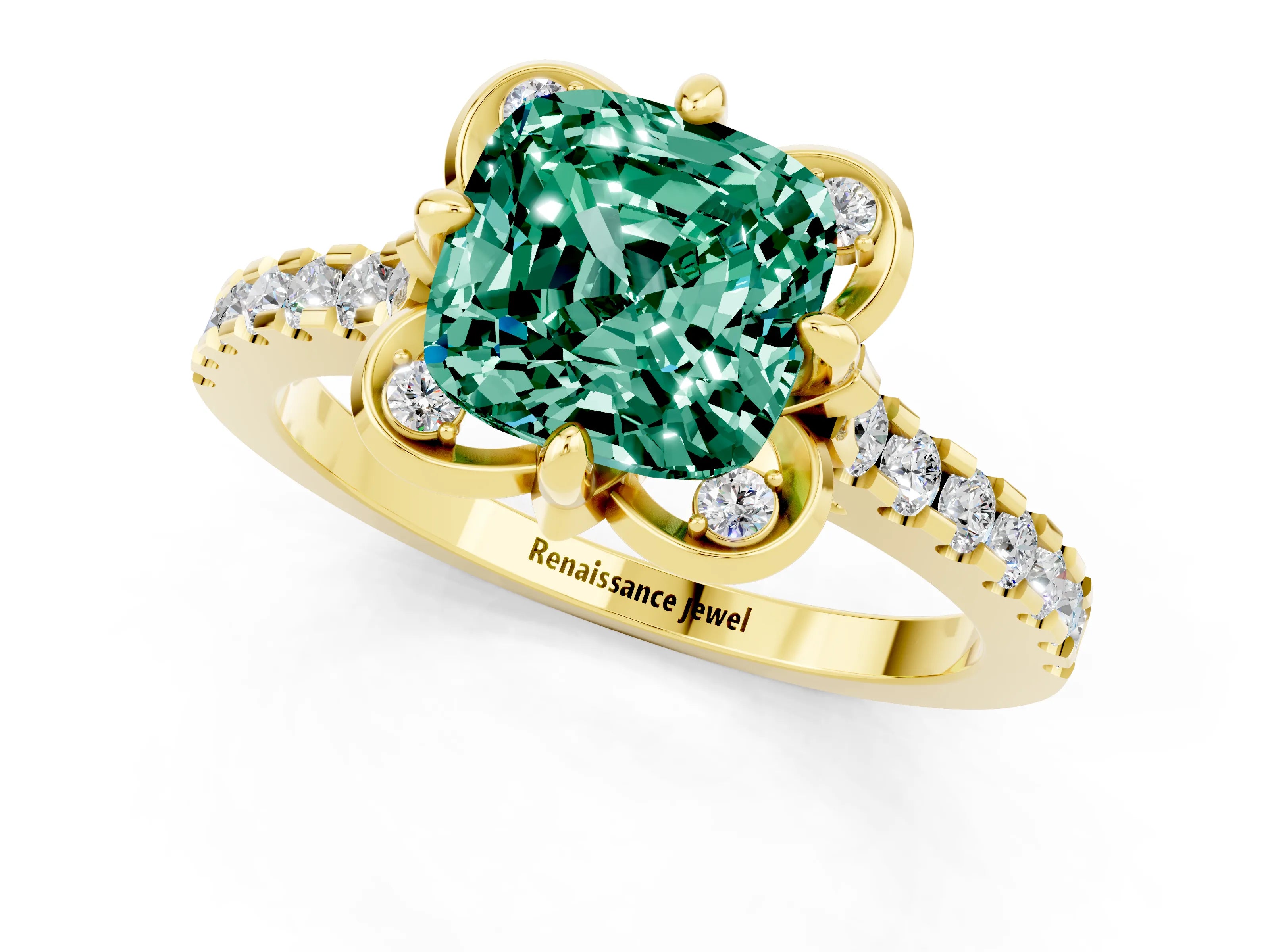 Yellow gold Cushion Cut Green Sapphire Ring with Pavé Band and Floral Prong Setting_1