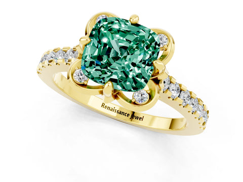 Yellow gold Cushion Cut Green Sapphire Ring with Pavé Band and Floral Prong Setting_1
