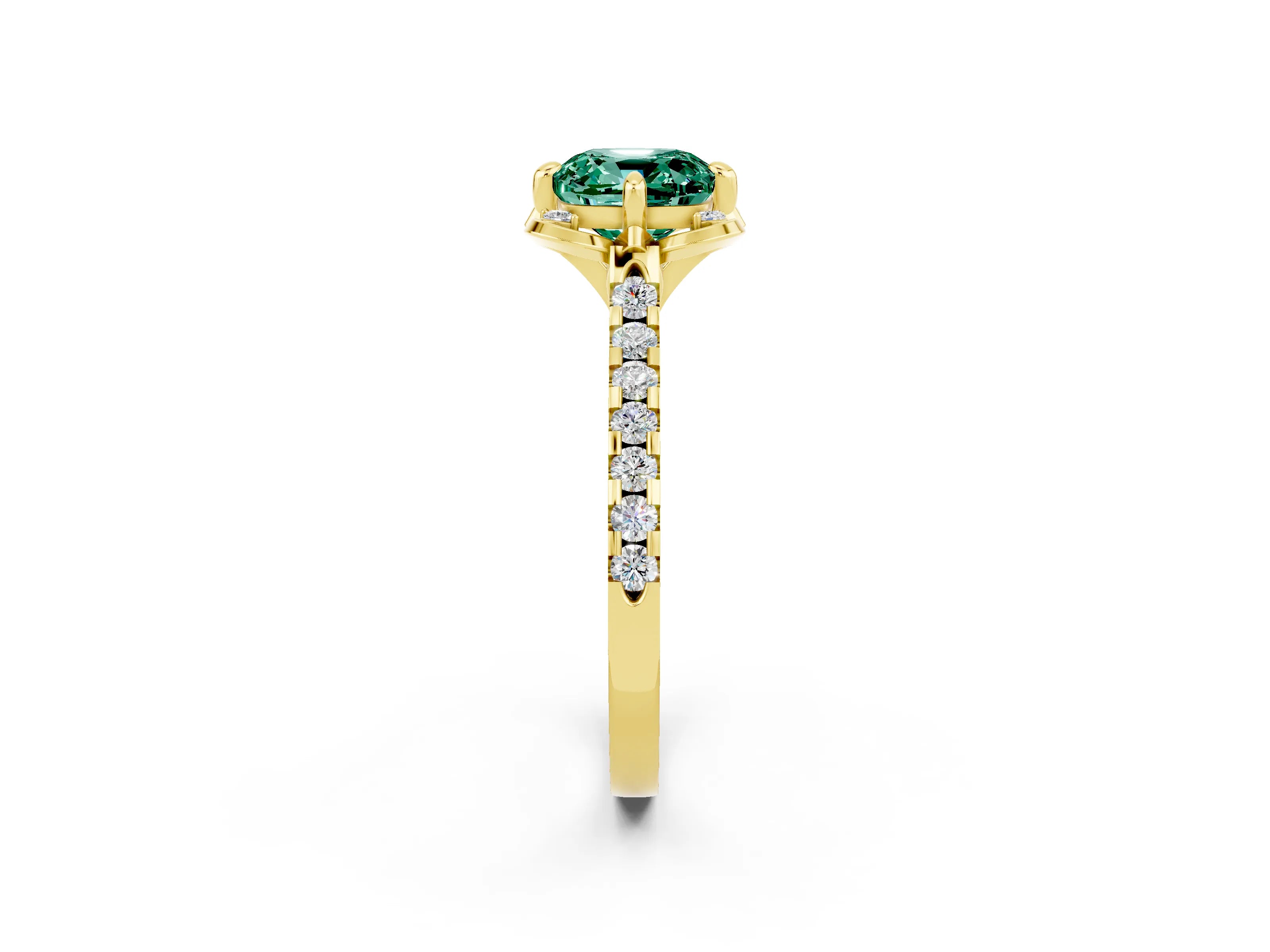 Yellow gold Cushion Cut Green Sapphire Ring with Pavé Band and Floral Prong Setting_2