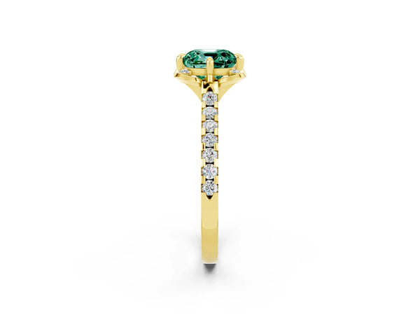 Yellow gold Cushion Cut Green Sapphire Ring with Pavé Band and Floral Prong Setting