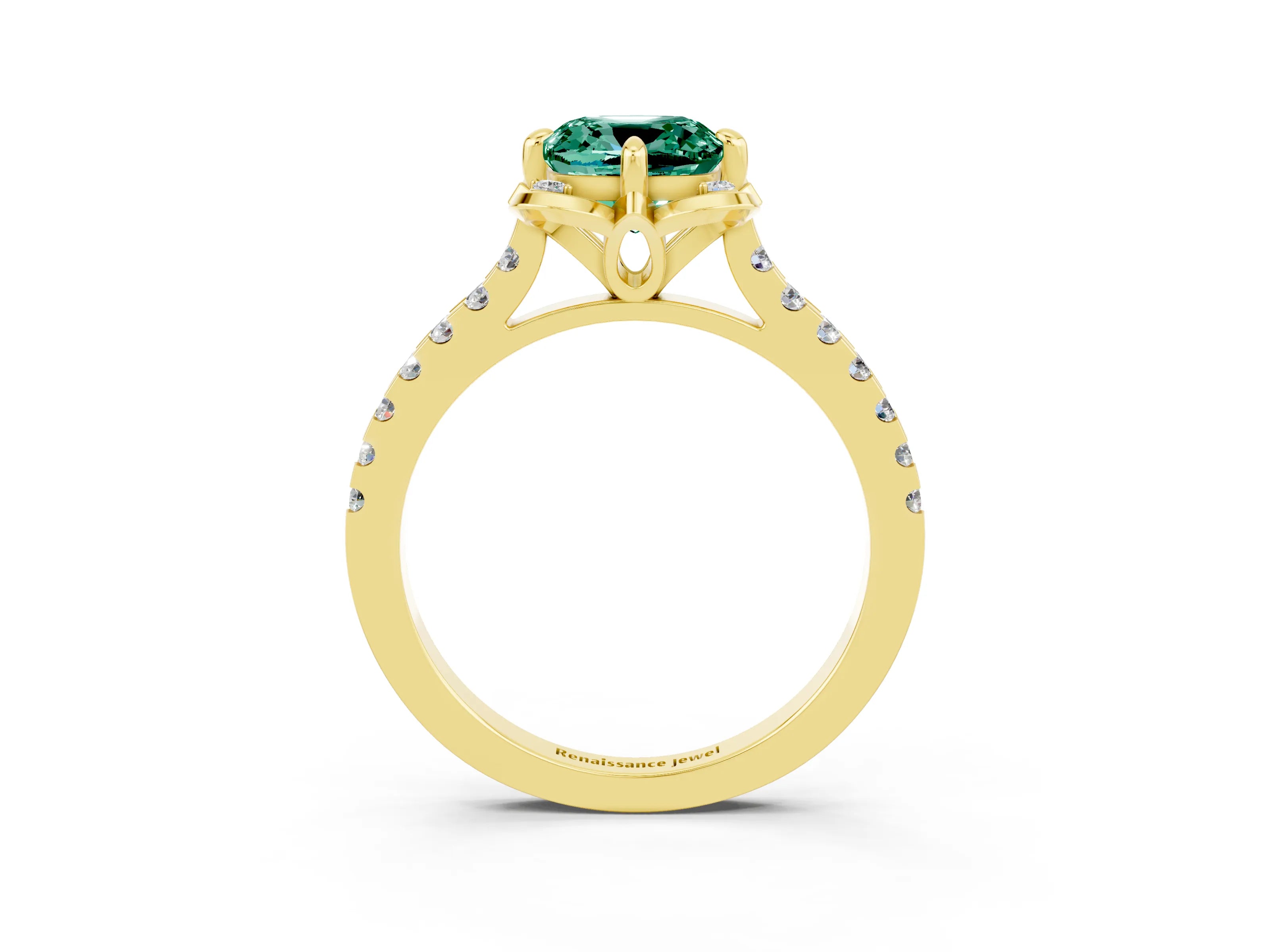 Yellow gold Cushion Cut Green Sapphire Ring with Pavé Band and Floral Prong Setting_3