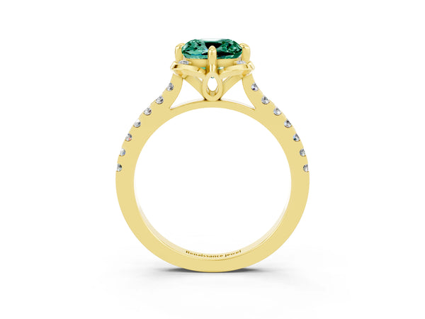 Yellow gold Cushion Cut Green Sapphire Ring with Pavé Band and Floral Prong Setting