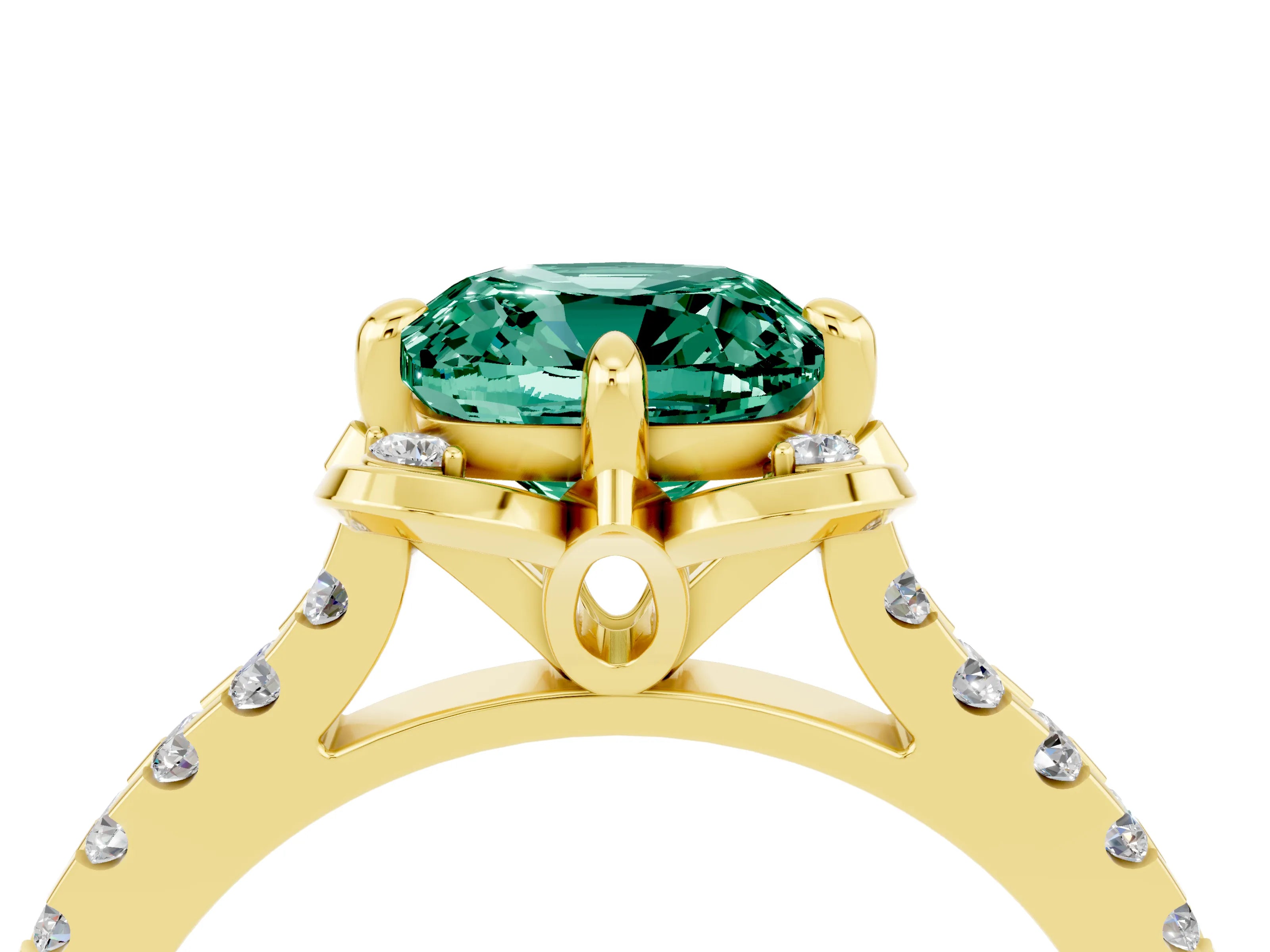 Yellow gold Cushion Cut Green Sapphire Ring with Pavé Band and Floral Prong Setting_4