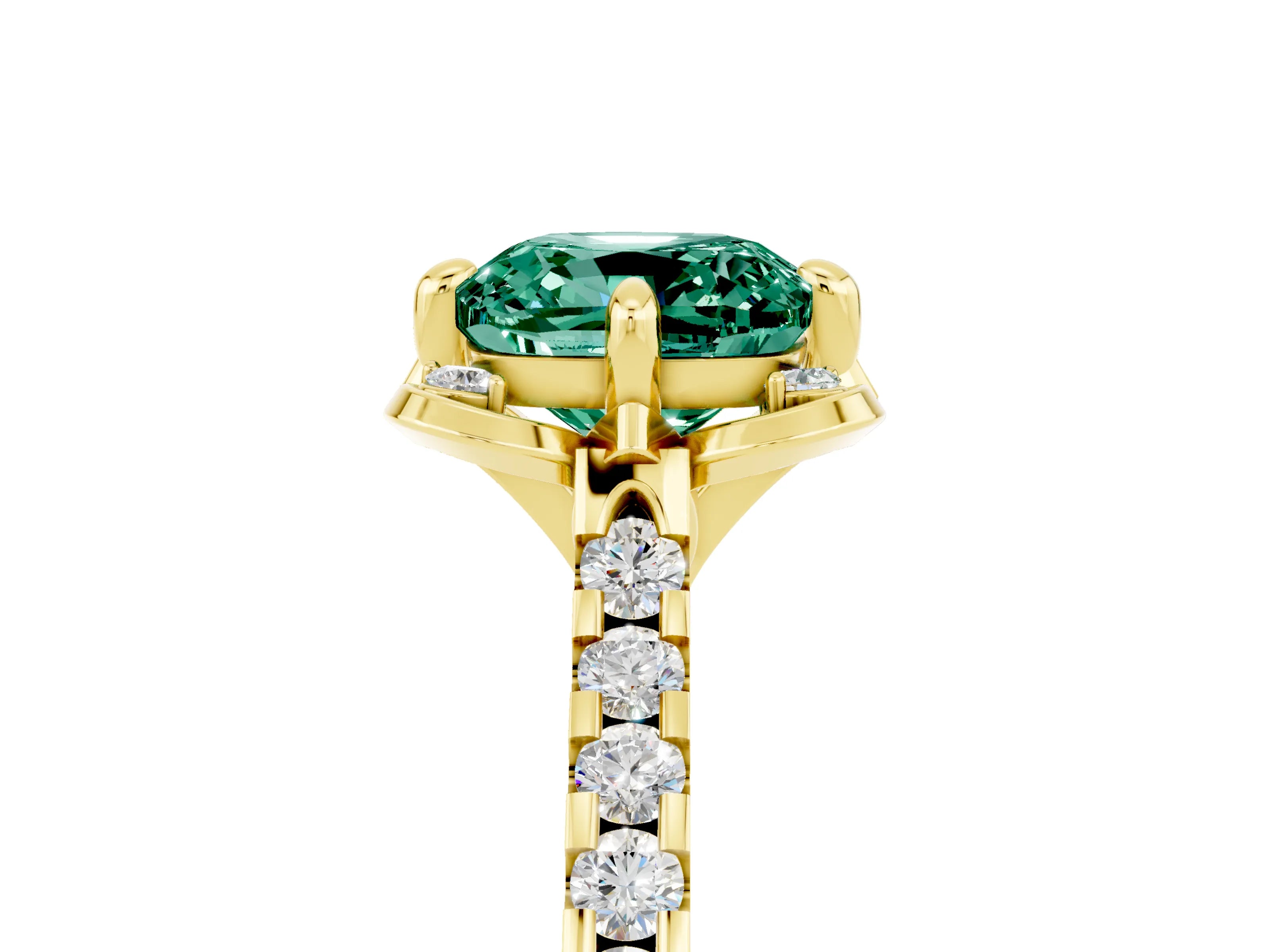 Yellow gold Cushion Cut Green Sapphire Ring with Pavé Band and Floral Prong Setting_5