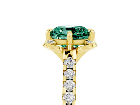 Yellow gold Cushion Cut Green Sapphire Ring with Pavé Band and Floral Prong Setting_5