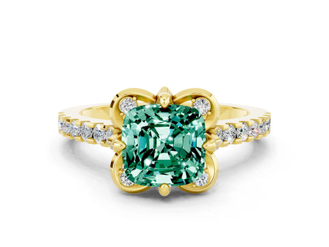 Yellow gold Cushion Cut Green Sapphire Ring with Pavé Band and Floral Prong Setting