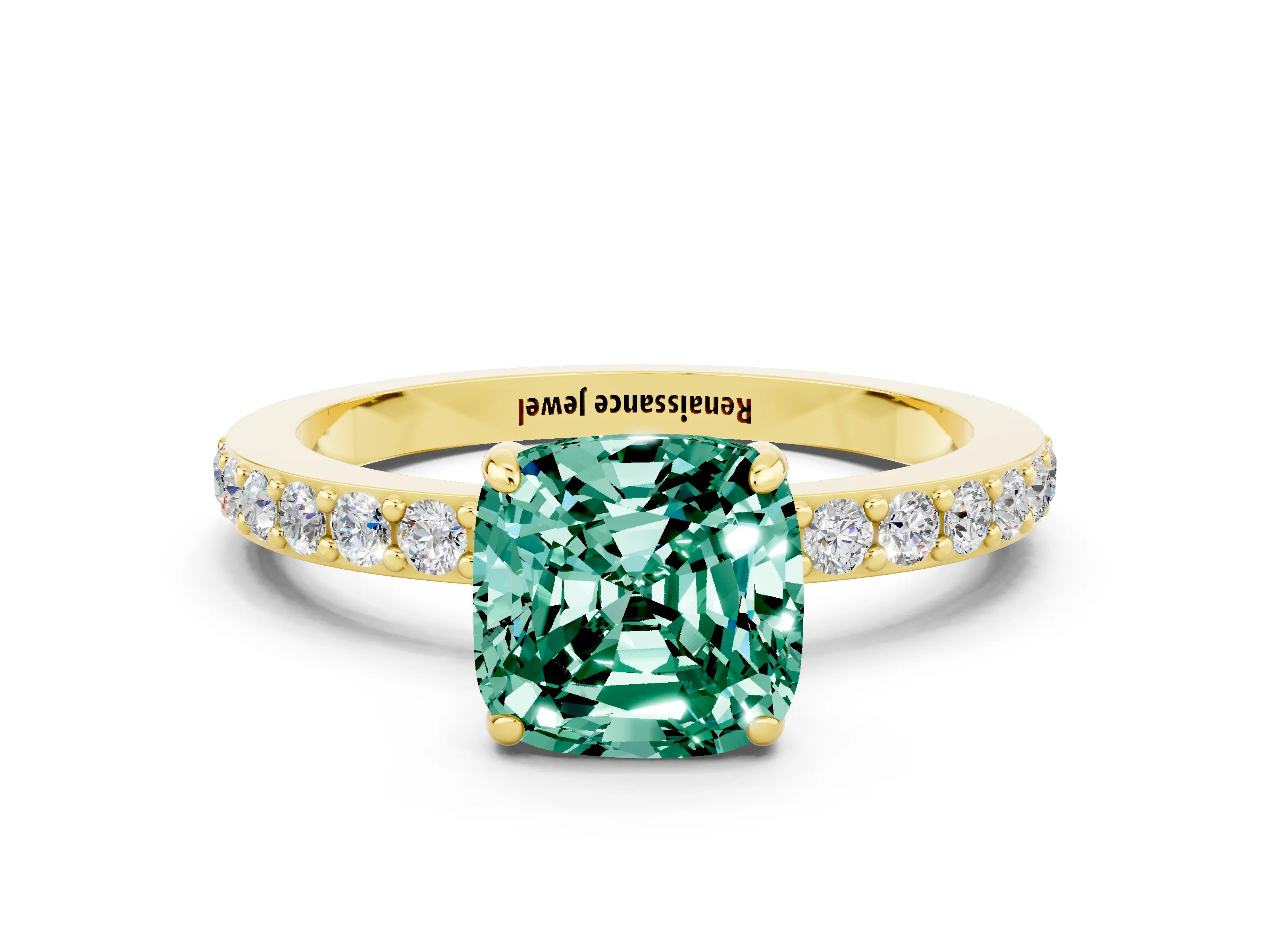 Yellow gold Cushion Cut Green Sapphire Ring with Pavé Band and Four-Prong Setting