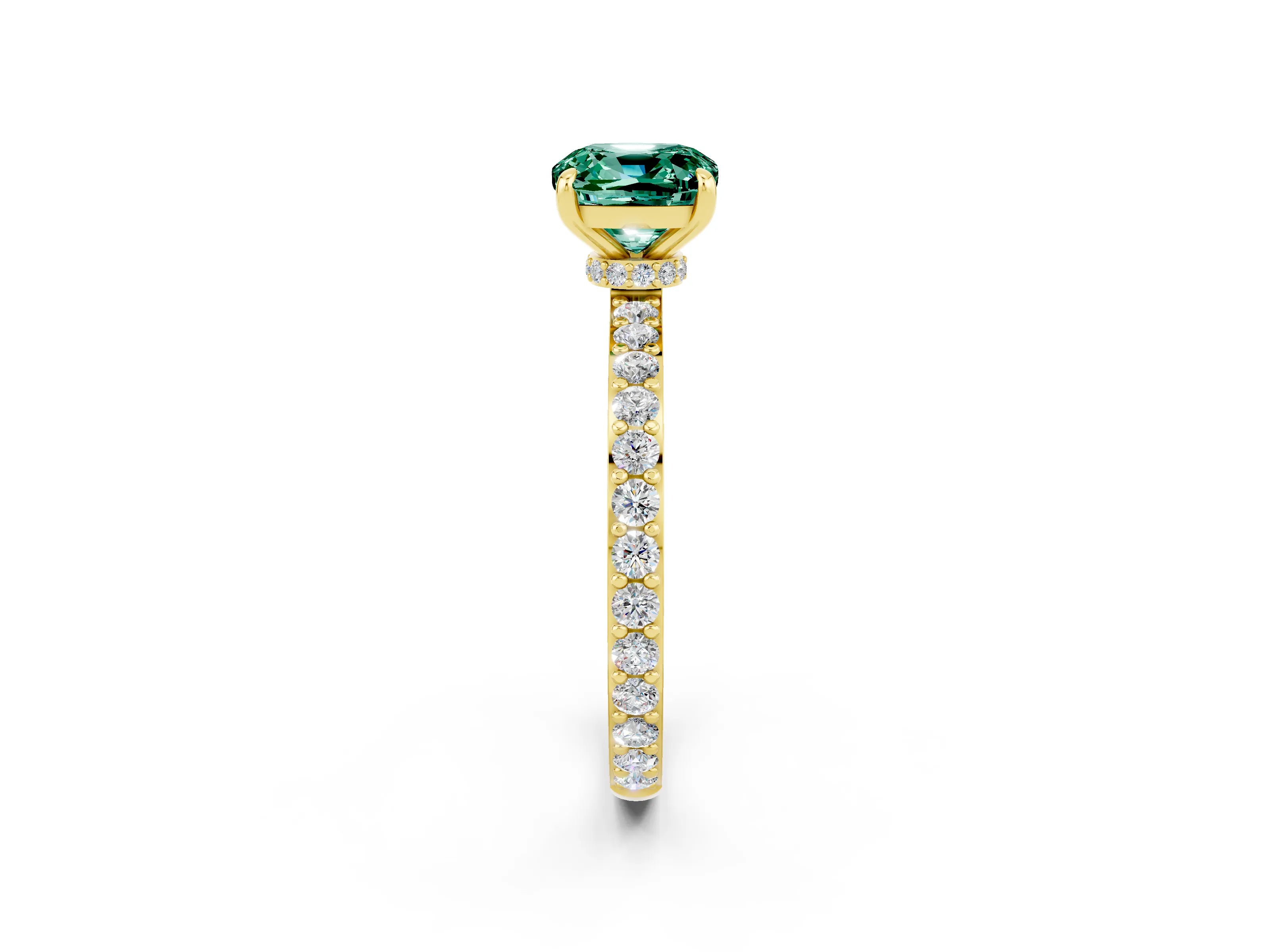 Yellow gold Cushion Cut Green Sapphire Ring with Pavé Band and Four-Prong Setting_2