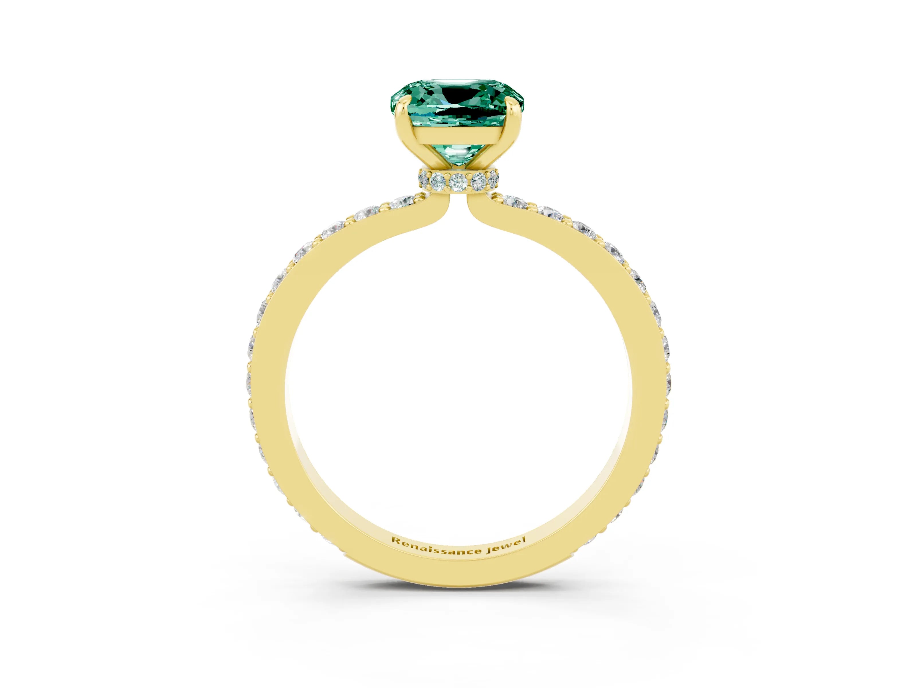 Yellow gold Cushion Cut Green Sapphire Ring with Pavé Band and Four-Prong Setting_3