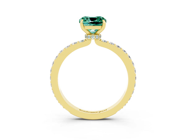 Yellow gold Cushion Cut Green Sapphire Pavé Engagement Ring with Round  Accents and Prong Setting