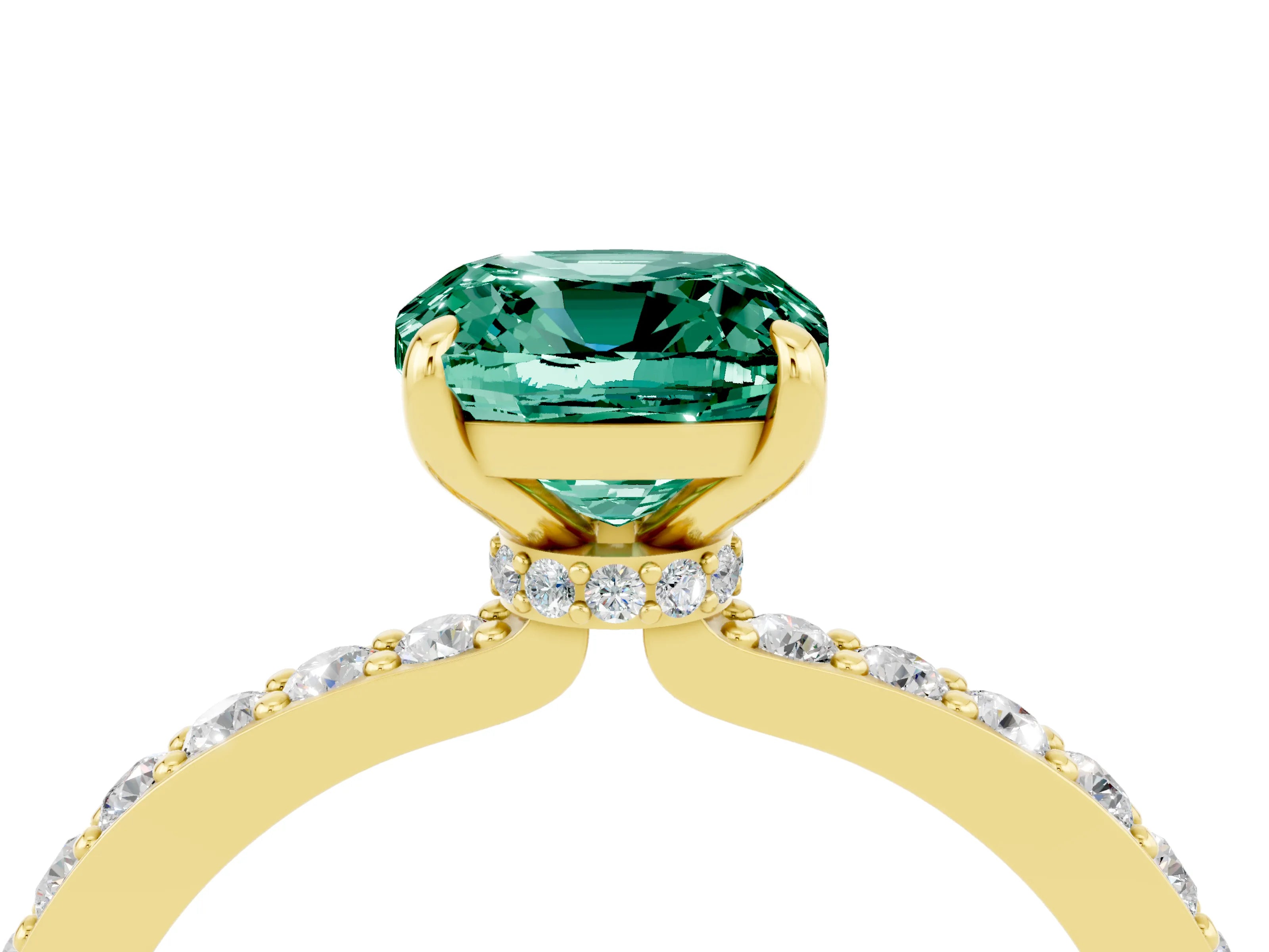 Yellow gold Cushion Cut Green Sapphire Ring with Pavé Band and Four-Prong Setting_4