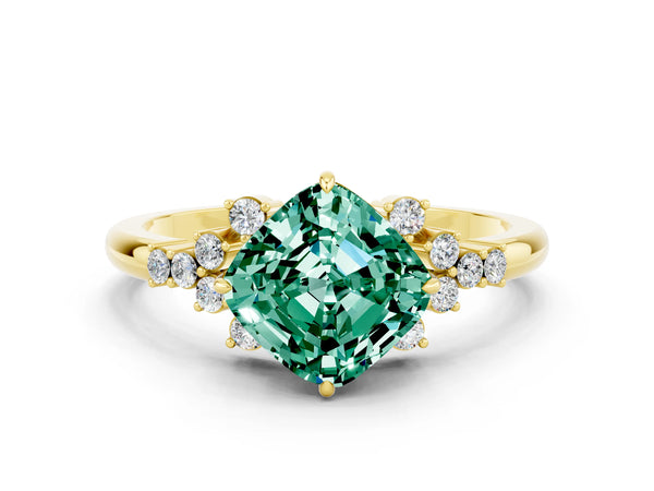 Yellow gold Cushion Cut Green Sapphire Ring with Side Stones and Four-Prong Setting