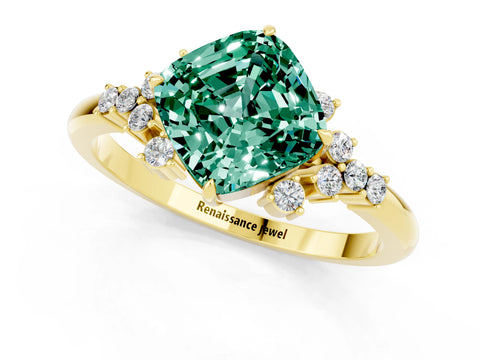 Yellow gold Cushion Cut Green Sapphire Ring with Side Stones and Four-Prong Setting_37