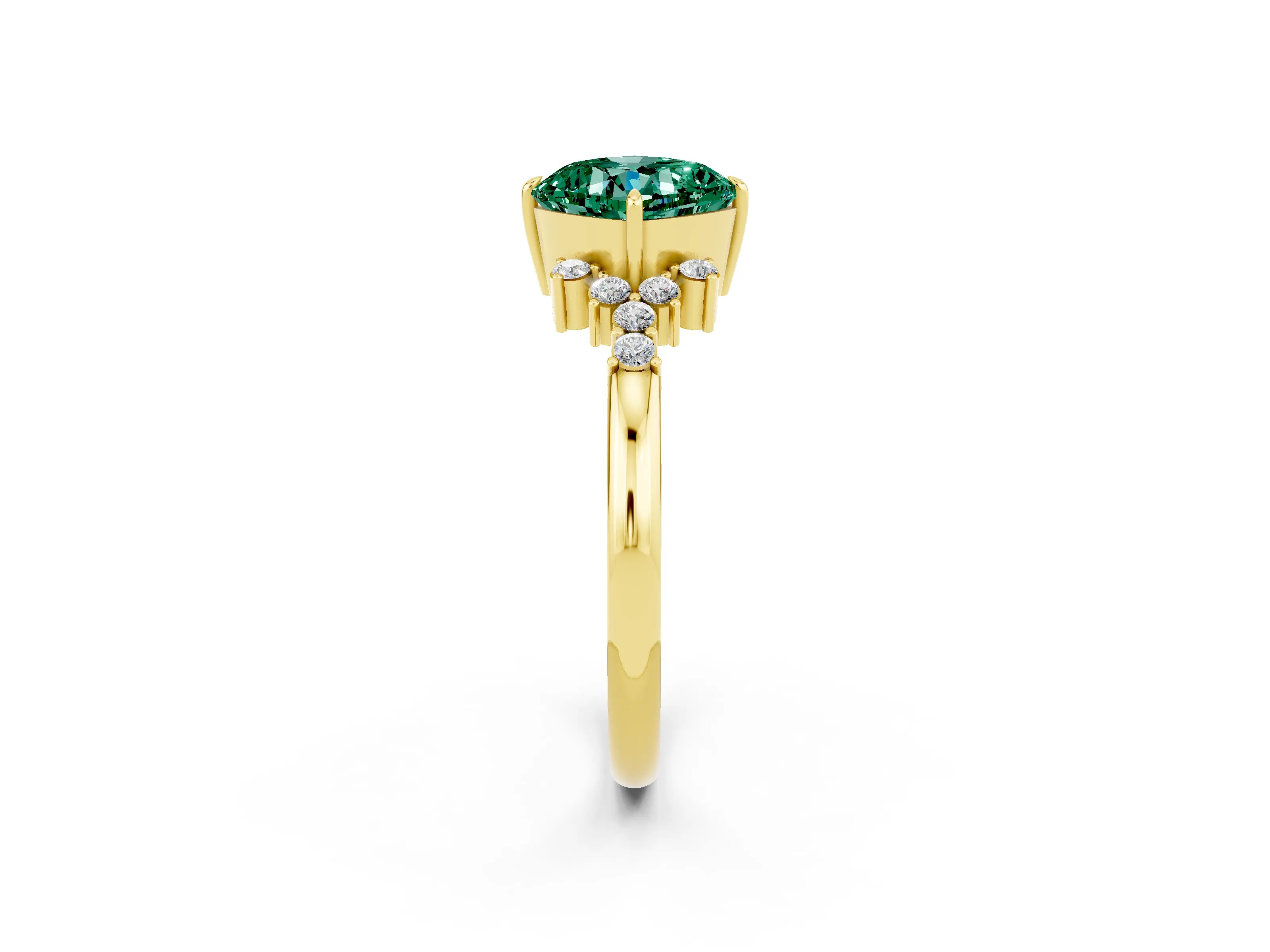 Yellow gold Cushion Cut Green Sapphire Ring with Side Stones and Four-Prong Setting_38
