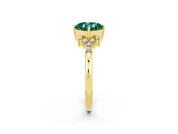 Yellow gold Cushion Cut Green Sapphire Ring with Side Stones and Four-Prong Setting
