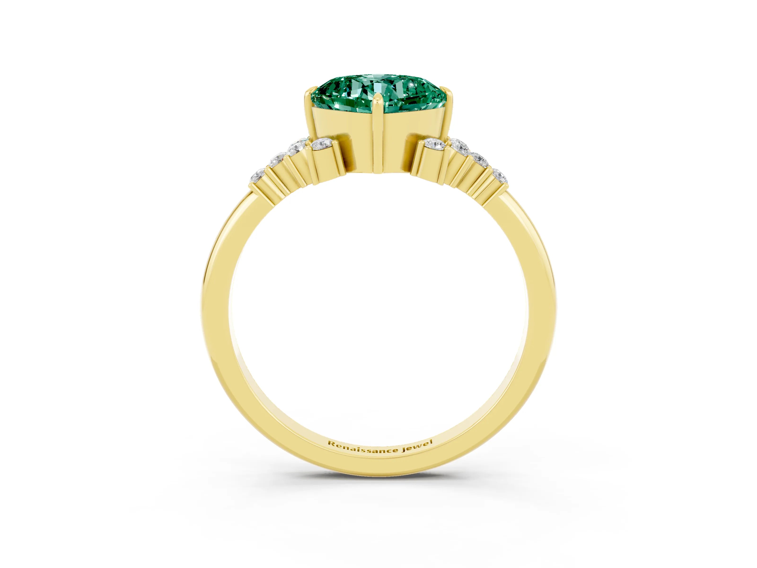 Yellow gold Cushion Cut Green Sapphire Ring with Side Stones and Four-Prong Setting_39