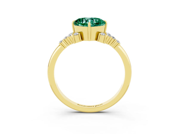 Yellow gold Cushion Cut Green Sapphire Ring with Side Stones and Four-Prong Setting