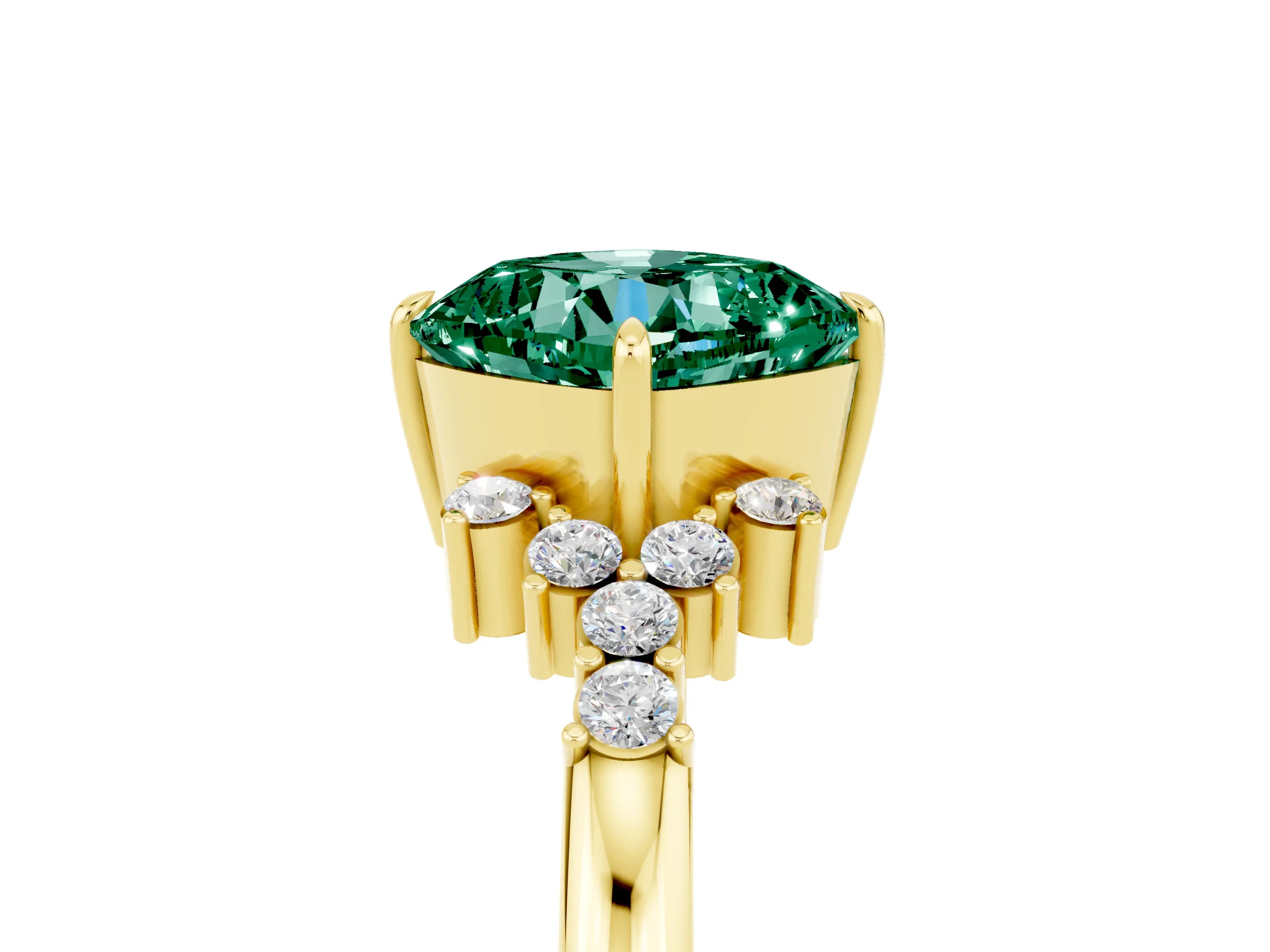 Yellow gold Cushion Cut Green Sapphire Ring with Side Stones and Four-Prong Setting_41
