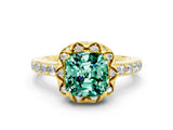 Yellow gold Cushion Cut Green Sapphire Scalloped Halo Engagement Ring with Round Shared Prong Band_24