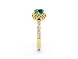 Yellow gold Cushion Cut Green Sapphire Scalloped Halo Engagement Ring with Round Shared Prong Band_26