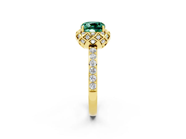 Yellow gold Cushion Cut Green Sapphire Scalloped Halo Engagement Ring with Round Shared Prong Band