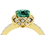 Yellow gold Cushion Cut Green Sapphire Scalloped Halo Engagement Ring with Round Shared Prong Band_28