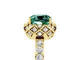 Yellow gold Cushion Cut Green Sapphire Scalloped Halo Engagement Ring with Round Shared Prong Band_29