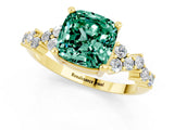 Yellow gold Cushion Cut Green Sapphire Scattered Round Accent Ring with Prong Setting_25