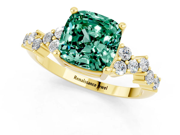 Yellow gold Cushion Cut Green Sapphire Scattered Round Accent Ring with Prong Setting