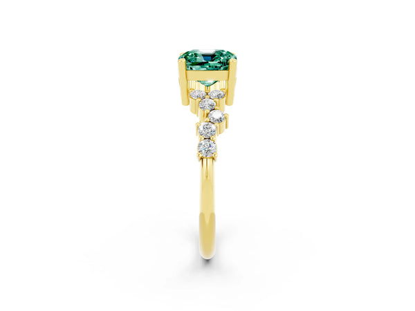 Yellow gold Cushion Cut Green Sapphire Scattered Round Accent Ring with Prong Setting