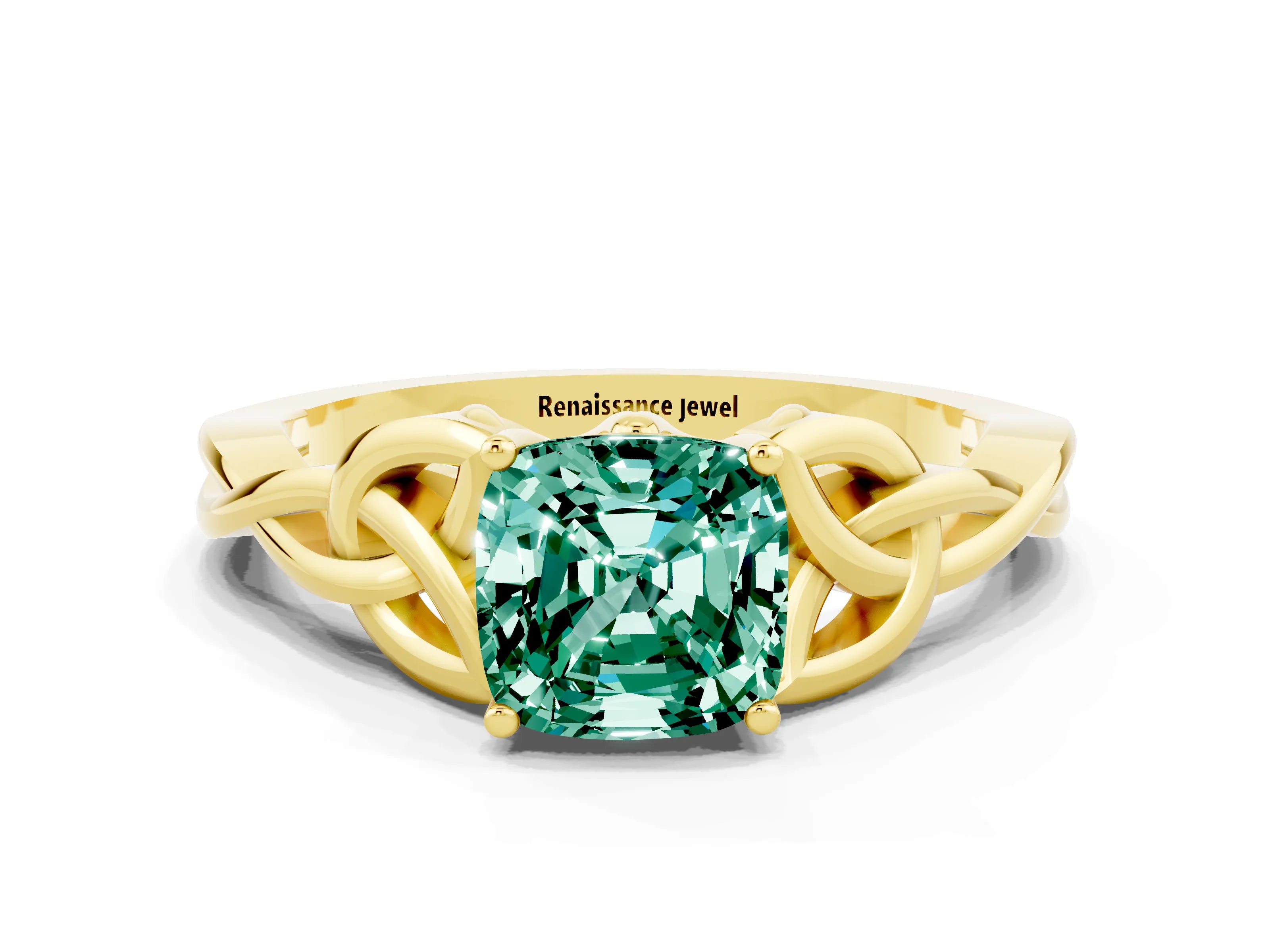 Yellow gold Cushion Cut Green Sapphire Solitaire Celtic Knot Ring with Four-Prong Setting_12