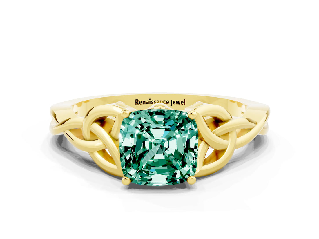 Yellow gold Cushion Cut Green Sapphire Solitaire Celtic Knot Ring with Four-Prong Setting_12