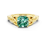 Yellow gold Cushion Cut Green Sapphire Solitaire Celtic Knot Ring with Four-Prong Setting_12