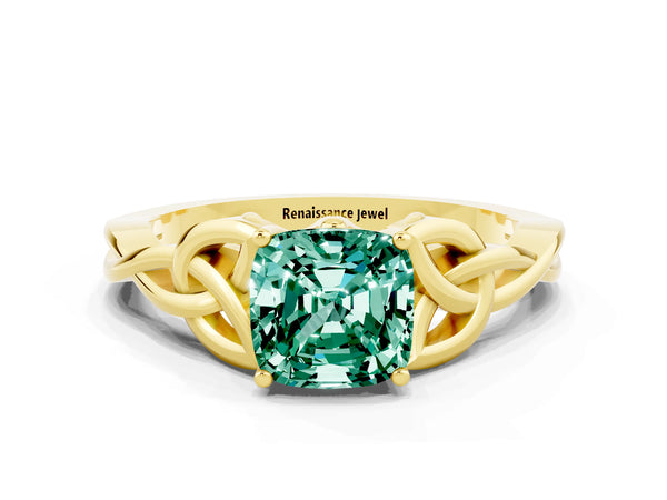 Yellow gold Cushion Cut Green Sapphire Solitaire Celtic Knot Ring with Four-Prong Setting